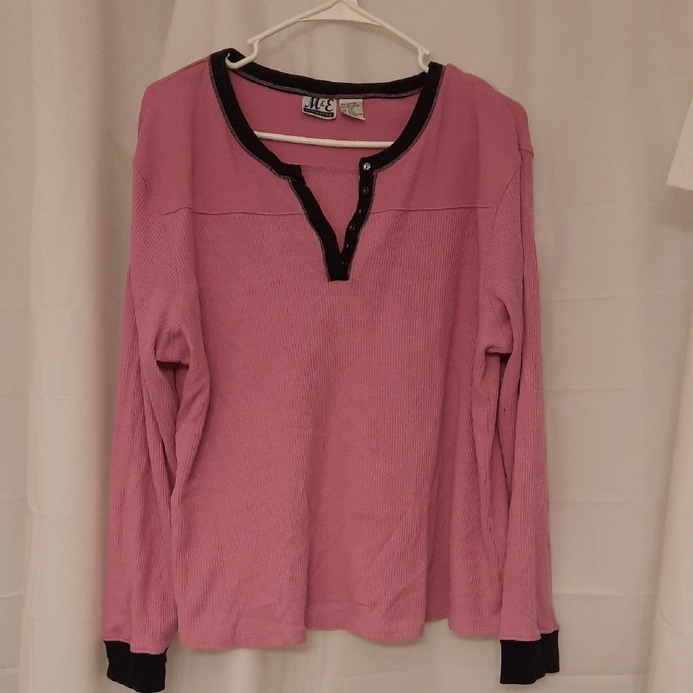Pink Long-Sleeve Henley Top with Black Trim